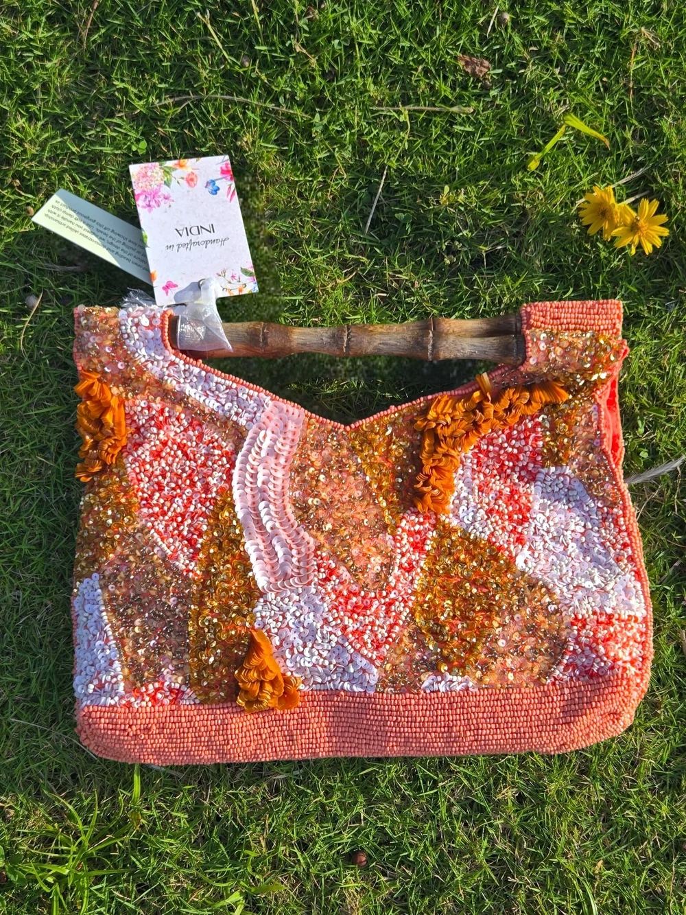 🧡 Viral Handmade Beaded Boho Clutch- Coral Pink & Bronze with Bamboo Handle